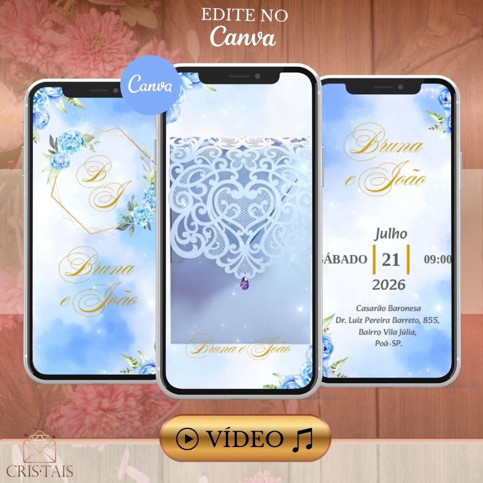 Convite Casamento Vídeo (PARA VOCÊ EDITAR)-EDITE NO CANVA: Modelo Azul bebê Floral