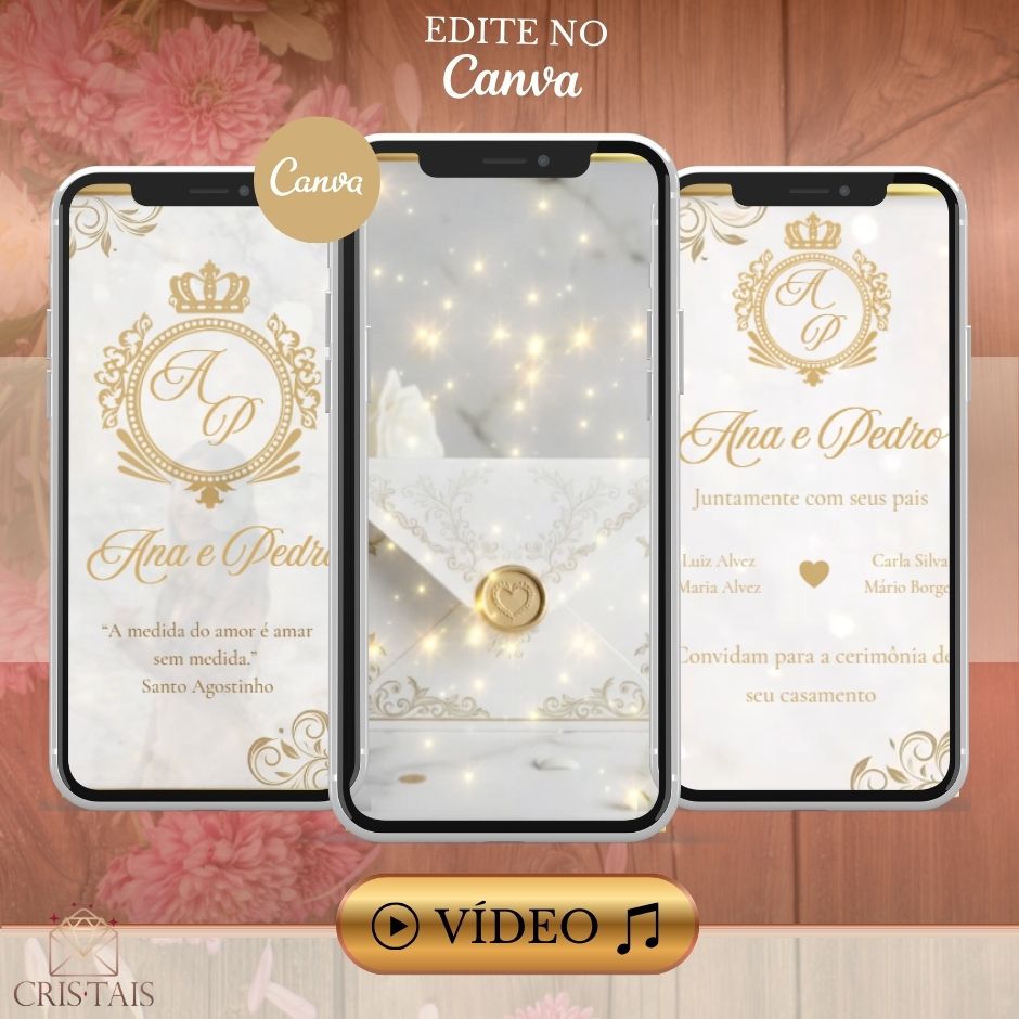 Convite Casamento Vídeo (PARA VOCÊ EDITAR) - EDITE NO CANVA: Modelo Clássico Dourado