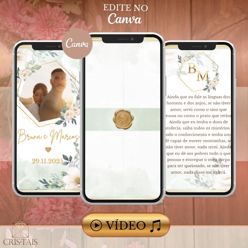 Convite Casamento Vídeo (PARA VOCÊ EDITAR) - EDITE NO CANVA: Modelo Folhagens