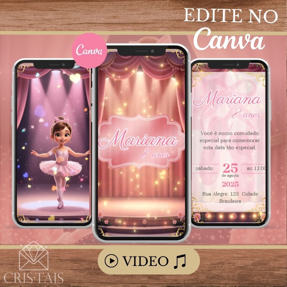 Convite Infantil Vídeo (PARA VOCÊ EDITAR) - EDITE NO CANVA - Modelo Bailarina