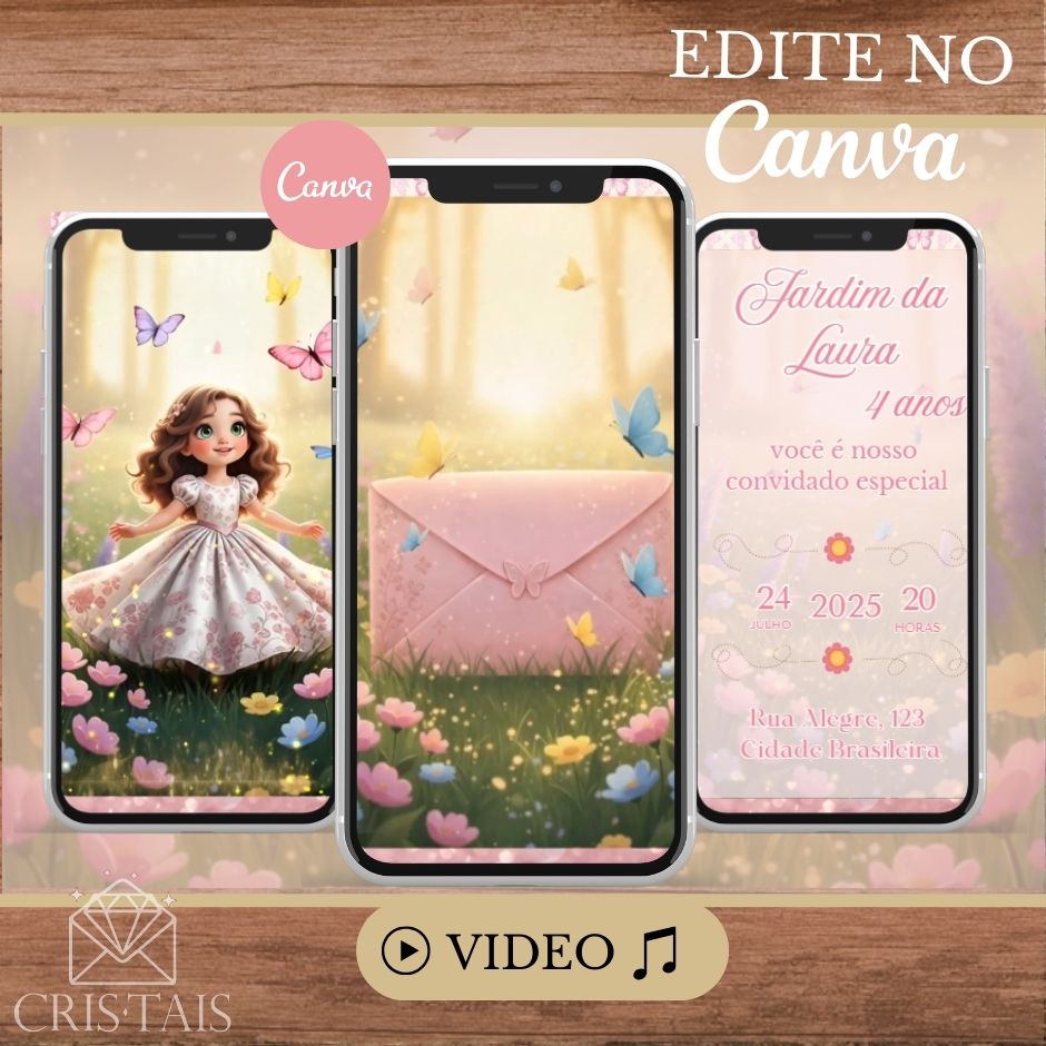 Convite Infantil Vídeo (PARA VOCÊ EDITAR) - EDITE NO CANVA - Modelo Jardim Encantado (Com personagem)