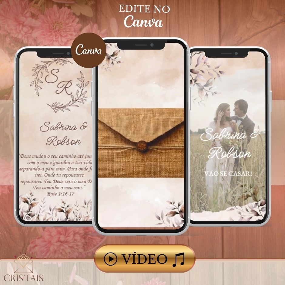 Convite Casamento Vídeo (PARA VOCÊ EDITAR) - EDITE NO CANVA: Modelo Rústico