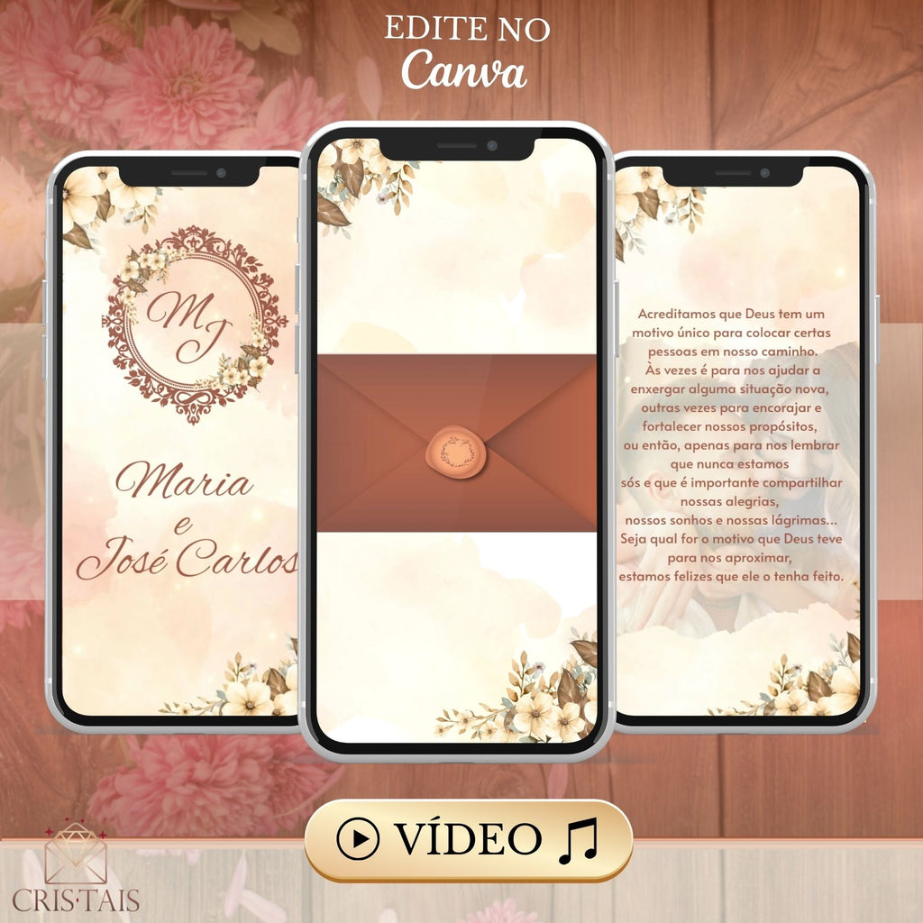Convite Casamento Vídeo -EDITE NO CANVA: Modelo Floral Bege