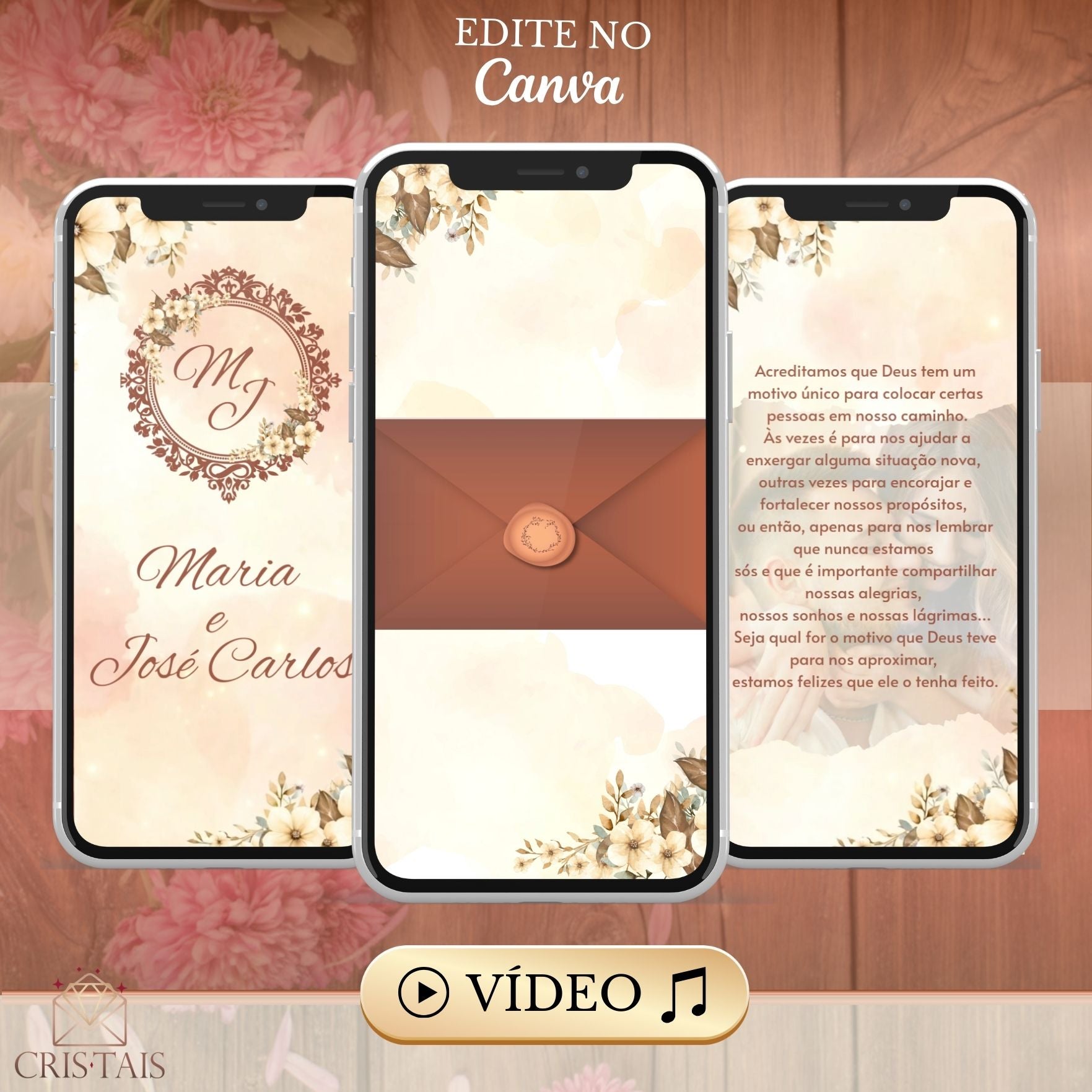 Convite Casamento Vídeo -EDITE NO CANVA: Modelo Floral Bege