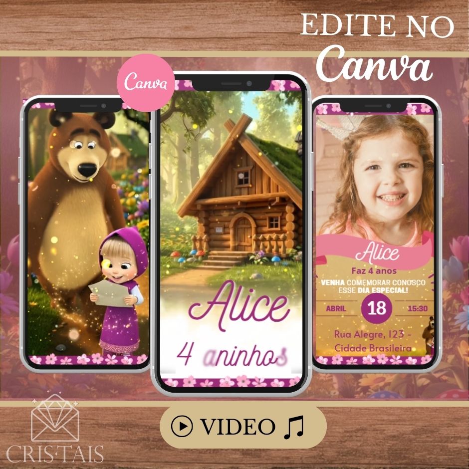Convite Infantil Vídeo (PARA VOCÊ EDITAR) - EDITE NO CANVA - Modelo Masha e o Urso