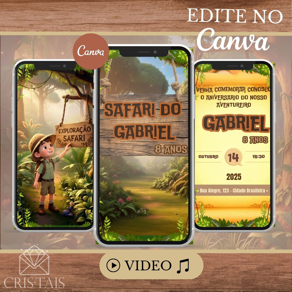 Convite Infantil Vídeo - EDITE NO CANVA - Modelo Safari Menino