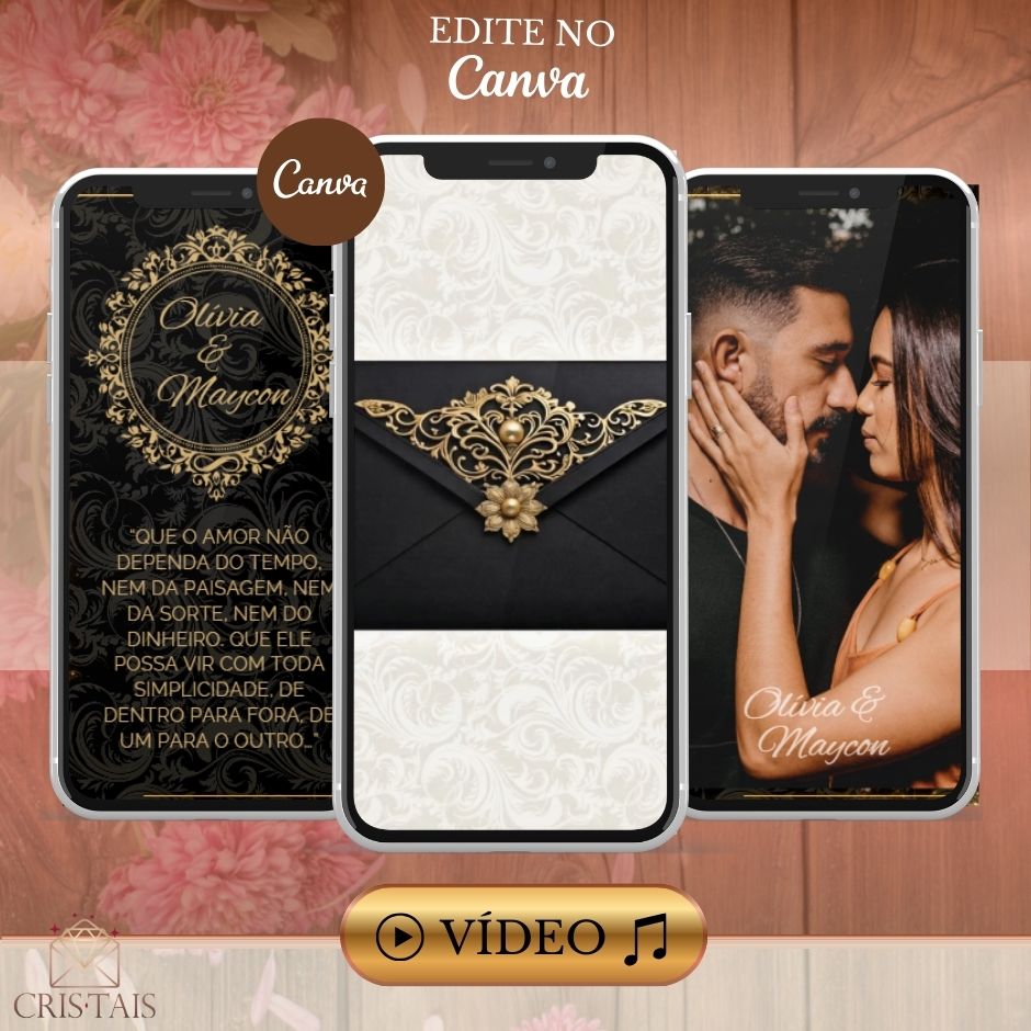 Convite Casamento Vídeo (PARA VOCÊ EDITAR) - EDITE NO CANVA: Modelo Clássico Preto e Dourado