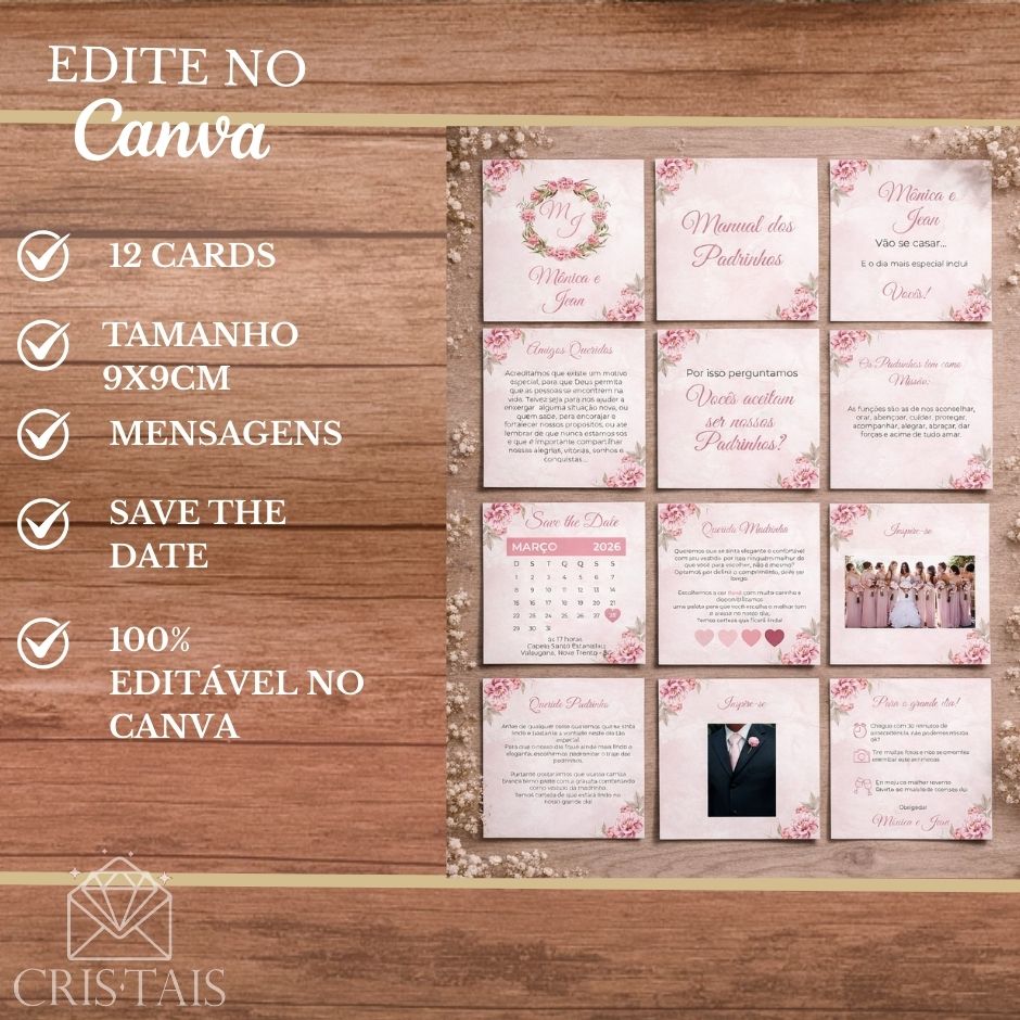 Manual de Padrinhos (Digital) (PARA VOCÊ EDITAR) - Editável Canva - Rosê Floral