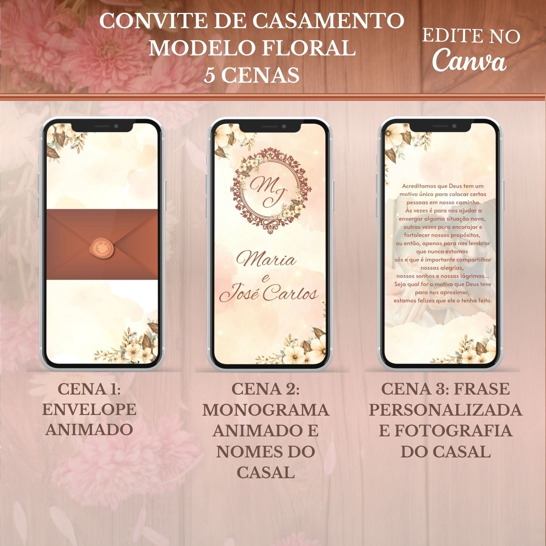 Convite Casamento Vídeo -EDITE NO CANVA: Modelo Floral Bege
