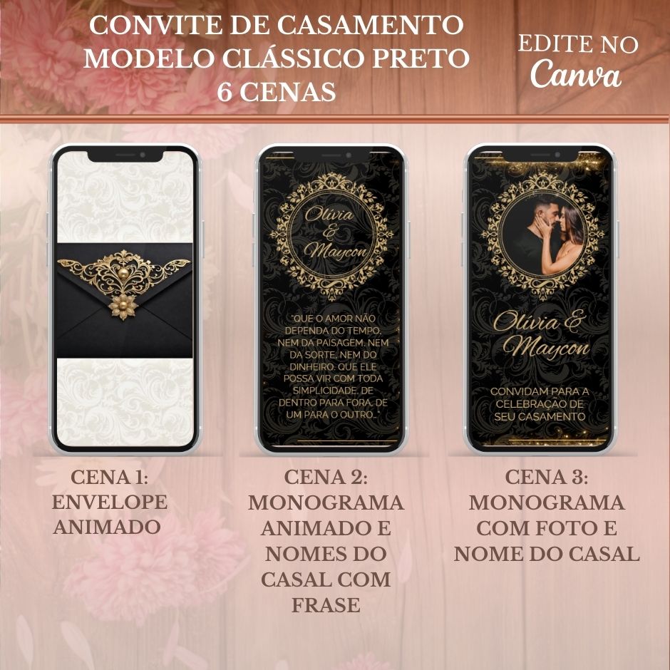 Convite Casamento Vídeo (PARA VOCÊ EDITAR) - EDITE NO CANVA: Modelo Clássico Preto e Dourado