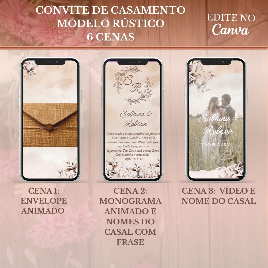 Convite Casamento Vídeo (PARA VOCÊ EDITAR) - EDITE NO CANVA: Modelo Rústico