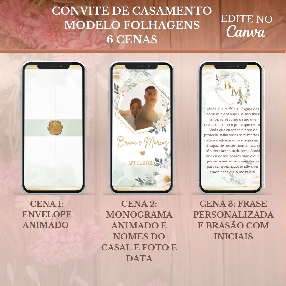 Convite Casamento Vídeo (PARA VOCÊ EDITAR) - EDITE NO CANVA: Modelo Folhagens