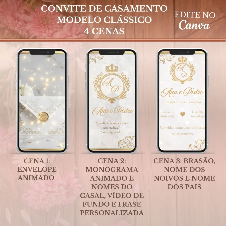 Convite Casamento Vídeo (PARA VOCÊ EDITAR) - EDITE NO CANVA: Modelo Clássico Dourado