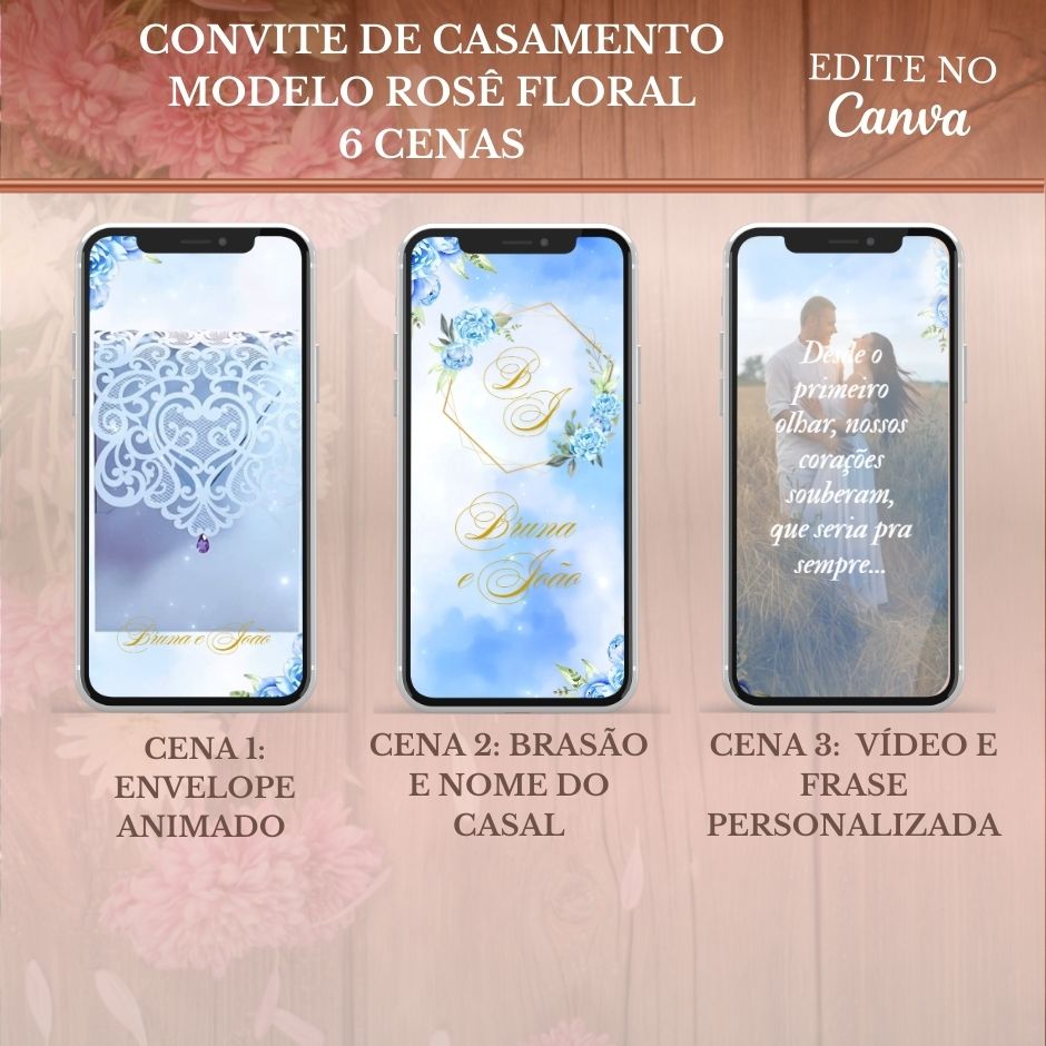 Convite Casamento Vídeo (PARA VOCÊ EDITAR)-EDITE NO CANVA: Modelo Azul bebê Floral
