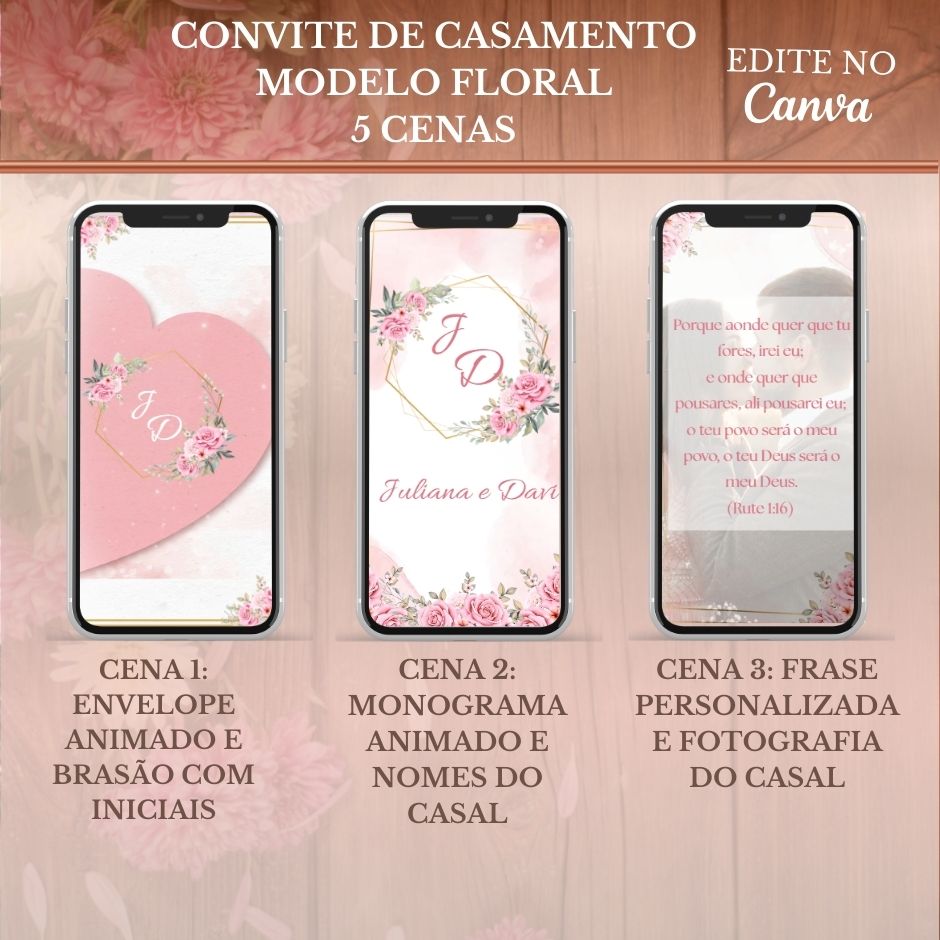 Convite Casamento Vídeo (PARA VOCÊ EDITAR) - EDITE NO CANVA: Modelo Coração Floral