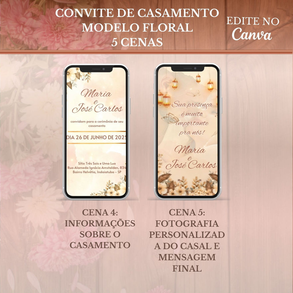 Convite Casamento Vídeo -EDITE NO CANVA: Modelo Floral Bege