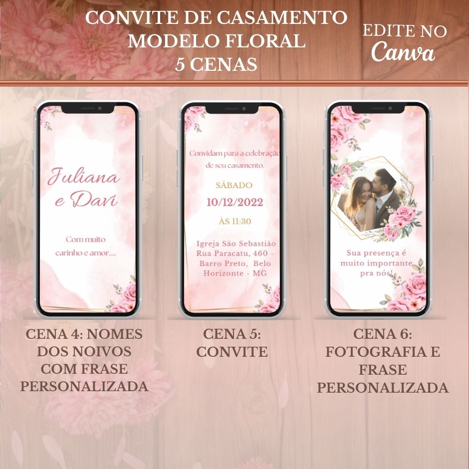 Convite Casamento Vídeo (PARA VOCÊ EDITAR) - EDITE NO CANVA: Modelo Coração Floral