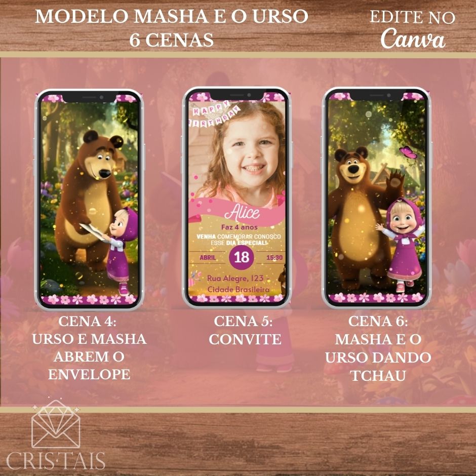 Convite Infantil Vídeo (PARA VOCÊ EDITAR) - EDITE NO CANVA - Modelo Masha e o Urso
