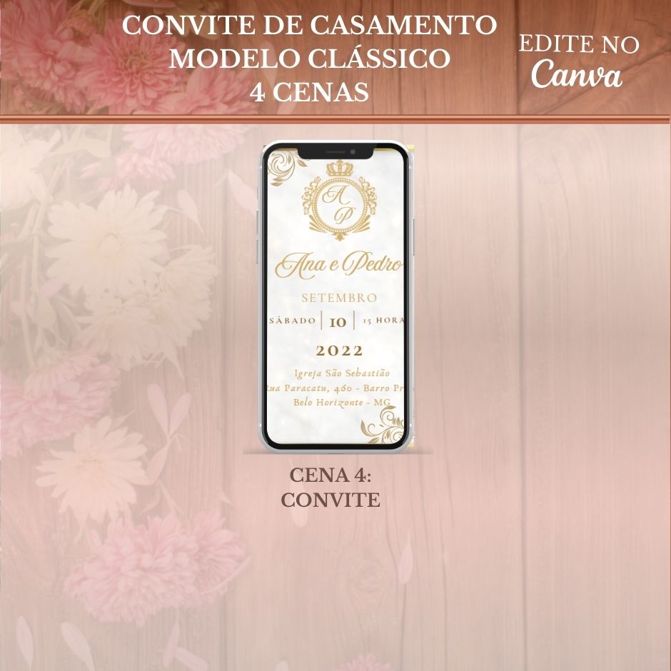 Convite Casamento Vídeo (PARA VOCÊ EDITAR) - EDITE NO CANVA: Modelo Clássico Dourado