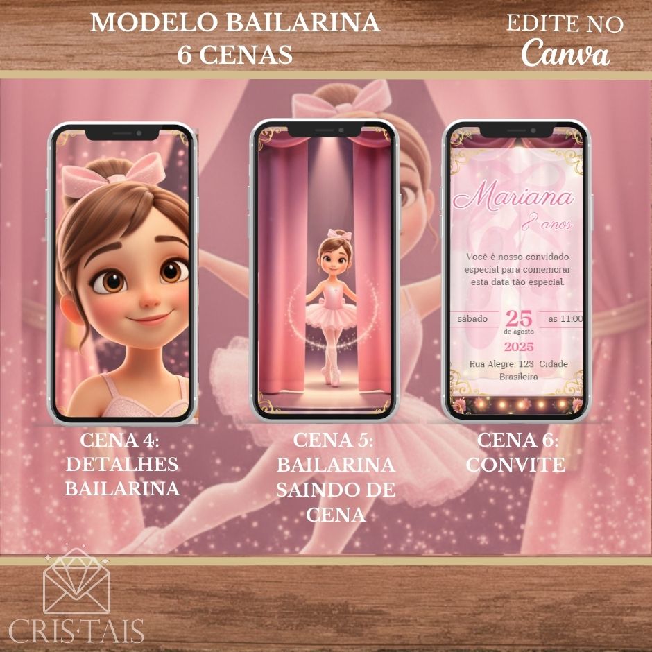 Convite Infantil Vídeo (PARA VOCÊ EDITAR) - EDITE NO CANVA - Modelo Bailarina