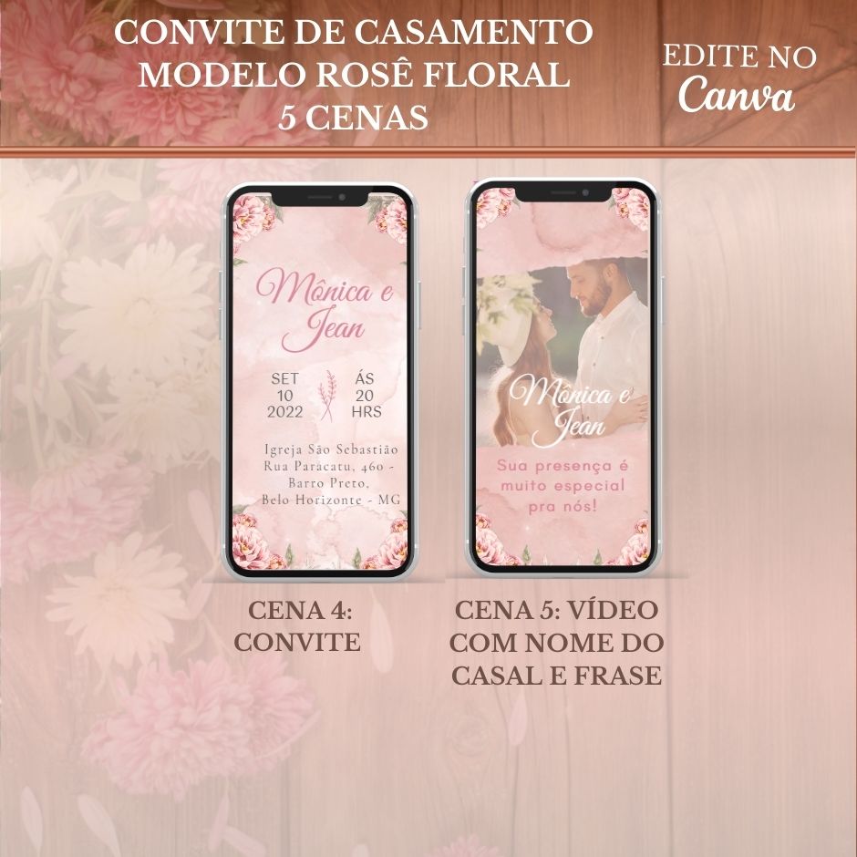 Convite Casamento Vídeo (PARA VOCÊ EDITAR) - EDITE NO CANVA: Modelo Rosê Floral