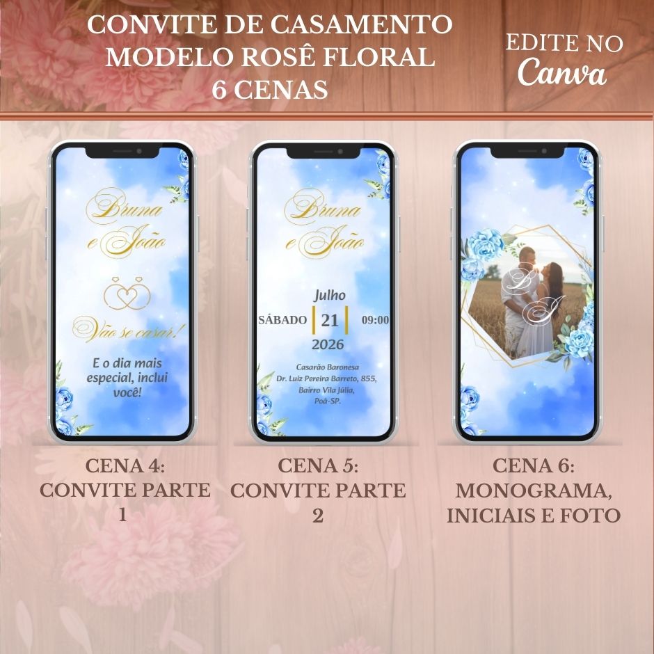 Convite Casamento Vídeo (PARA VOCÊ EDITAR)-EDITE NO CANVA: Modelo Azul bebê Floral
