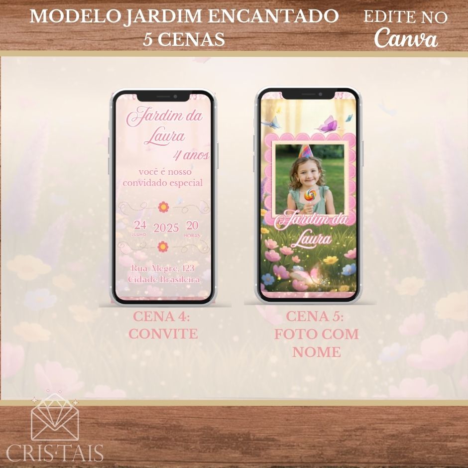 Convite Infantil Vídeo (PARA VOCÊ EDITAR) - EDITE NO CANVA - Modelo Jardim Encantado (Com personagem)