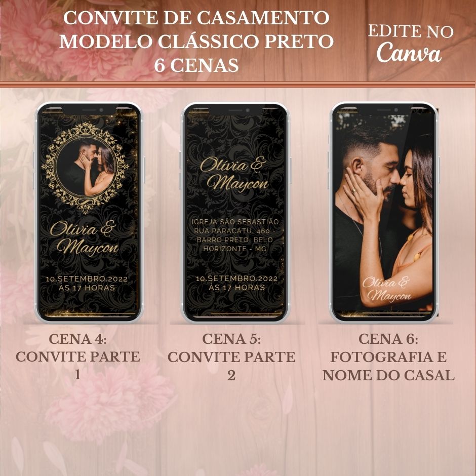 Convite Casamento Vídeo (PARA VOCÊ EDITAR) - EDITE NO CANVA: Modelo Clássico Preto e Dourado