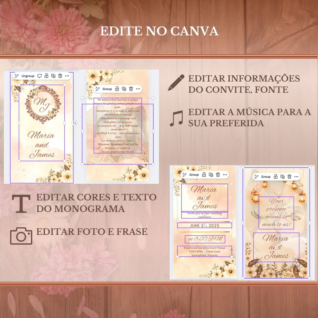 Convite Casamento Vídeo -EDITE NO CANVA: Modelo Floral Bege
