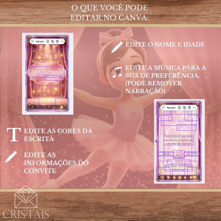 Convite Infantil Vídeo (PARA VOCÊ EDITAR) - EDITE NO CANVA - Modelo Bailarina