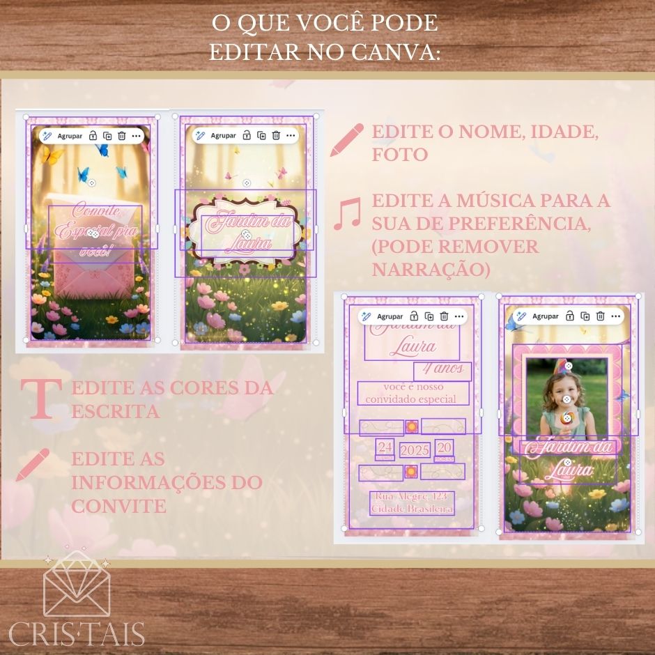 Convite Infantil Vídeo (PARA VOCÊ EDITAR) - EDITE NO CANVA - Modelo Jardim Encantado (Com personagem)