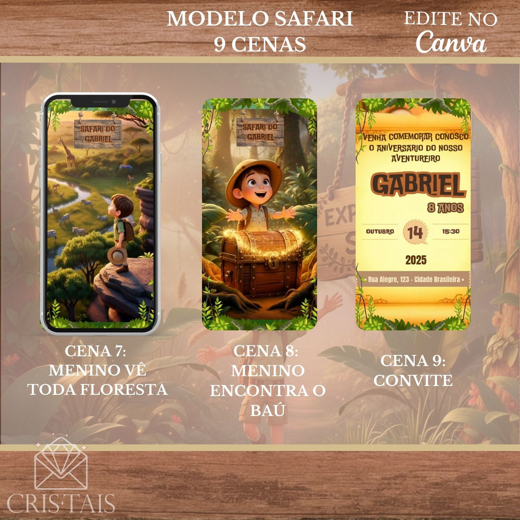 Convite Infantil Vídeo - EDITE NO CANVA - Modelo Safari Menino