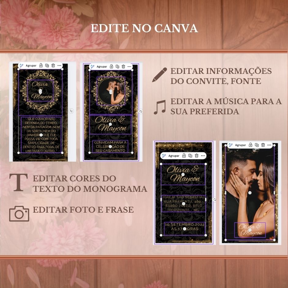 Convite Casamento Vídeo (PARA VOCÊ EDITAR) - EDITE NO CANVA: Modelo Clássico Preto e Dourado