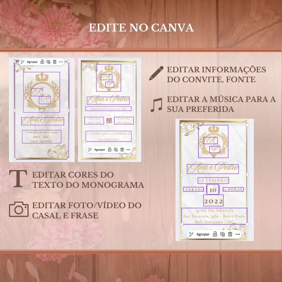 Convite Casamento Vídeo (PARA VOCÊ EDITAR) - EDITE NO CANVA: Modelo Clássico Dourado