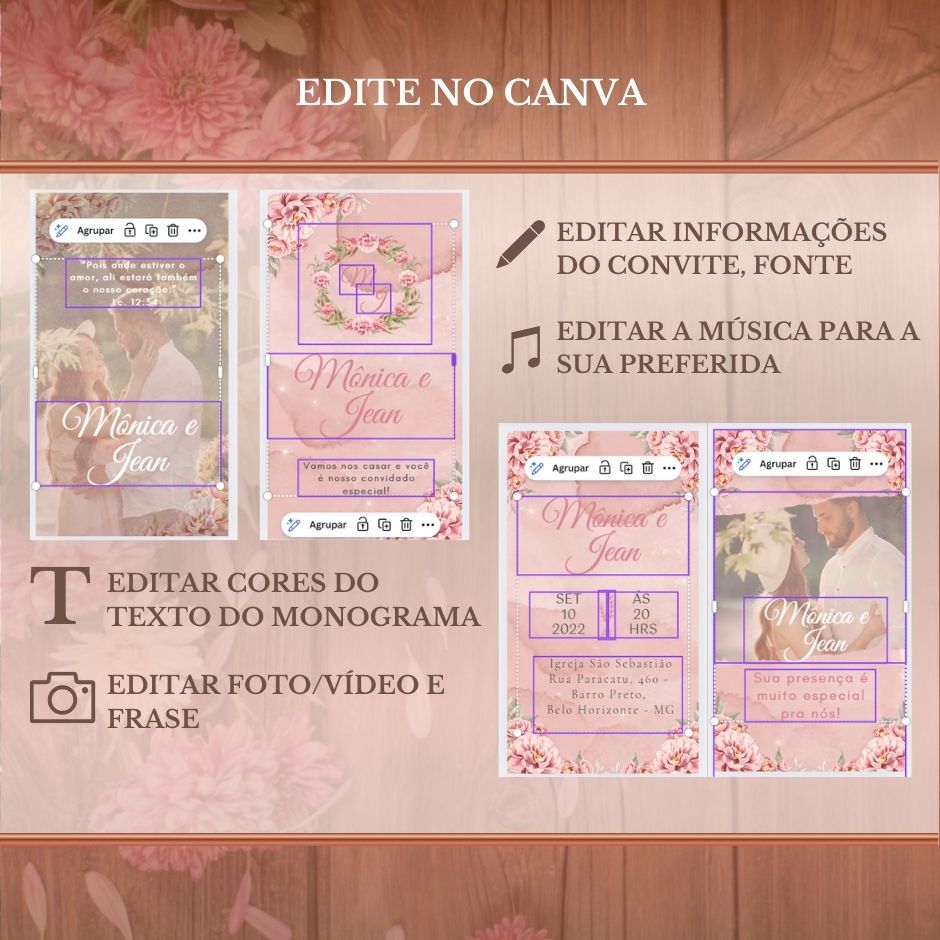 Convite Casamento Vídeo (PARA VOCÊ EDITAR) - EDITE NO CANVA: Modelo Rosê Floral