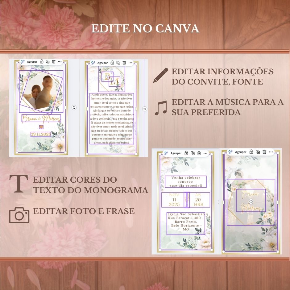 Convite Casamento Vídeo (PARA VOCÊ EDITAR) - EDITE NO CANVA: Modelo Folhagens
