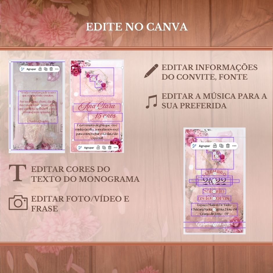 Convite 15 anos Vídeo (PARA VOCÊ EDITAR) - EDITE NO CANVA: Modelo Pink Floral