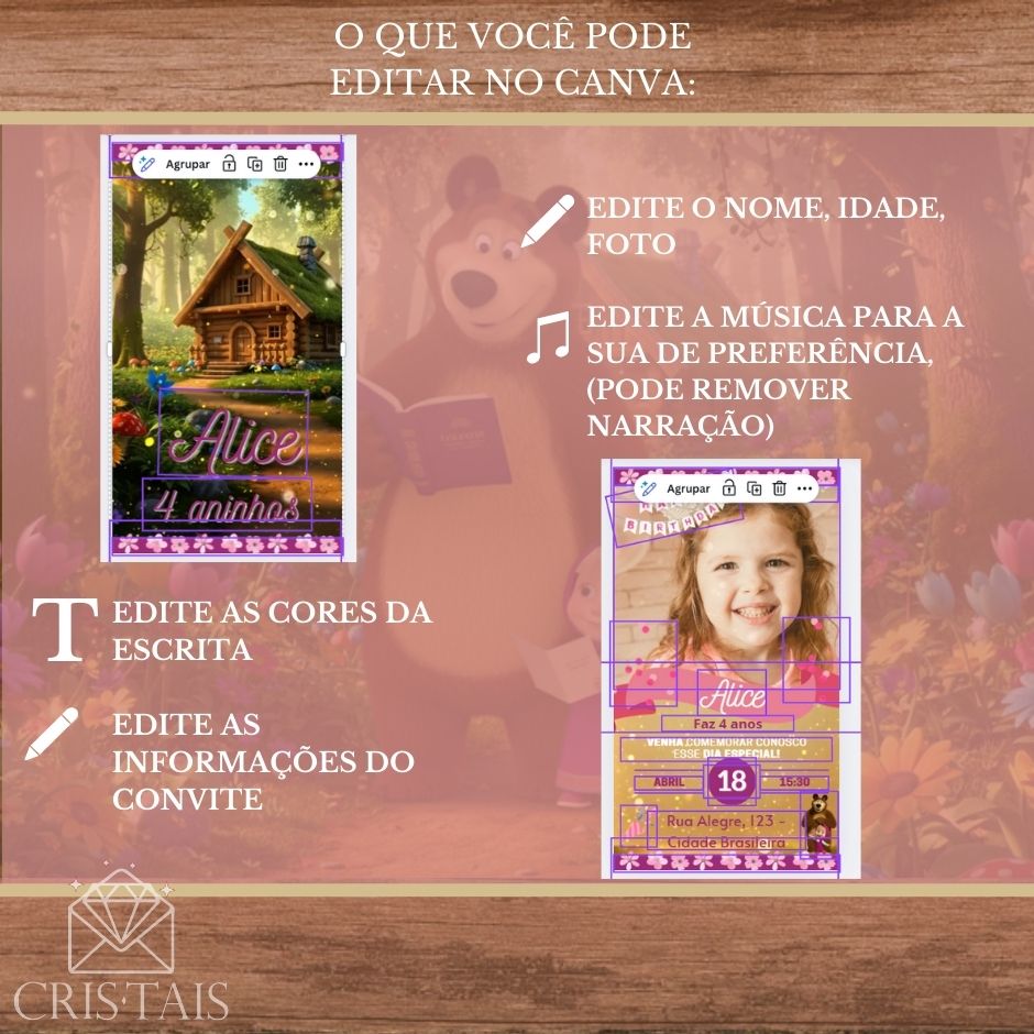 Convite Infantil Vídeo (PARA VOCÊ EDITAR) - EDITE NO CANVA - Modelo Masha e o Urso