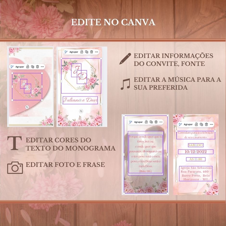 Convite Casamento Vídeo (PARA VOCÊ EDITAR) - EDITE NO CANVA: Modelo Coração Floral