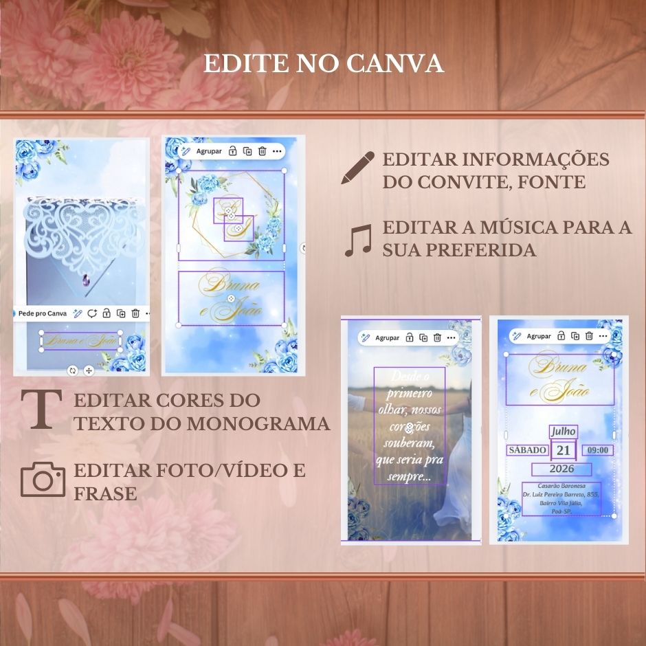 Convite Casamento Vídeo (PARA VOCÊ EDITAR)-EDITE NO CANVA: Modelo Azul bebê Floral