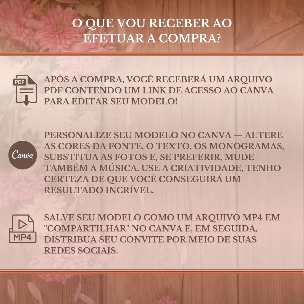 Convite Casamento Vídeo -EDITE NO CANVA: Modelo Floral Bege
