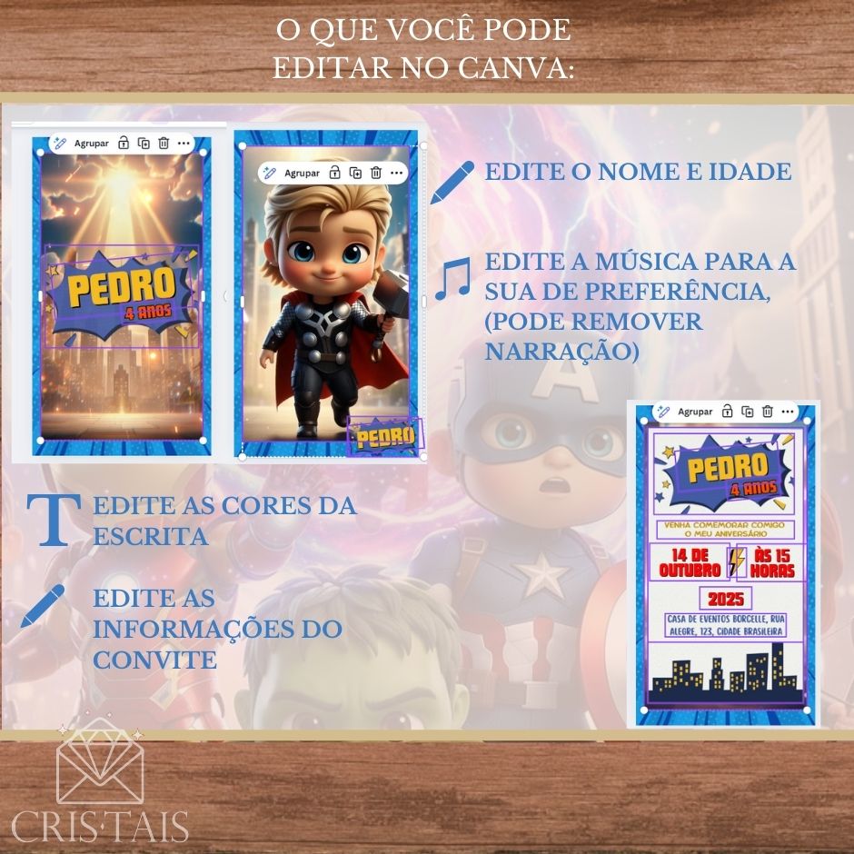 Convite Infantil Vídeo (PARA VOCÊ EDITAR) - EDITE NO CANVA - Modelo Vingadores Baby
