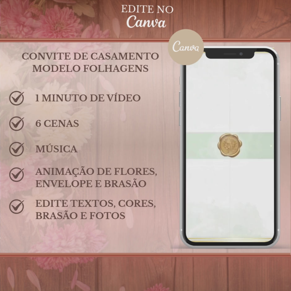 Convite Casamento Vídeo (PARA VOCÊ EDITAR) - EDITE NO CANVA: Modelo Folhagens