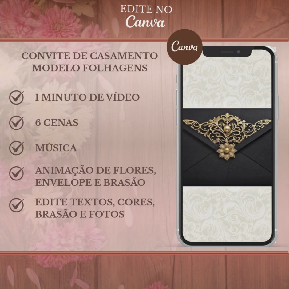 Convite Casamento Vídeo (PARA VOCÊ EDITAR) - EDITE NO CANVA: Modelo Clássico Preto e Dourado