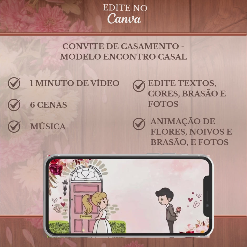 Convite Casamento Vídeo (PARA VOCÊ EDITAR) - EDITE NO CANVA: Modelo Encontro Casal