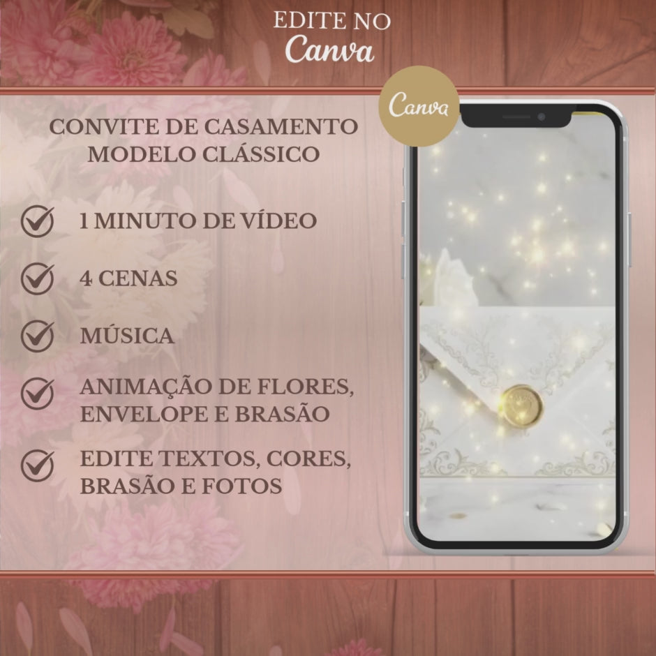 Convite Casamento Vídeo (PARA VOCÊ EDITAR) - EDITE NO CANVA: Modelo Clássico Dourado