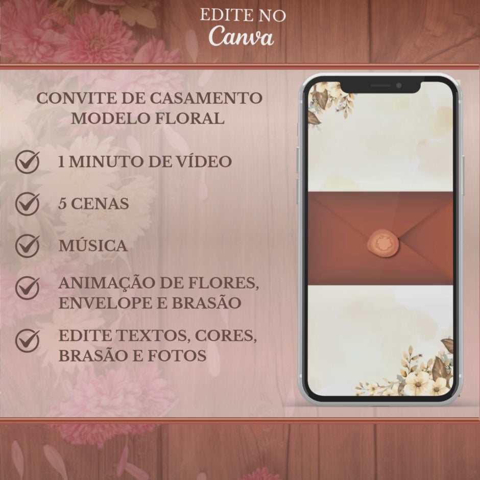 Convite Casamento Vídeo -EDITE NO CANVA: Modelo Floral Bege