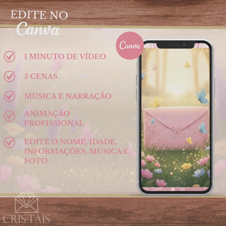 Convite Infantil Vídeo (PARA VOCÊ EDITAR) - EDITE NO CANVA - Modelo Jardim Encantado (Com personagem)