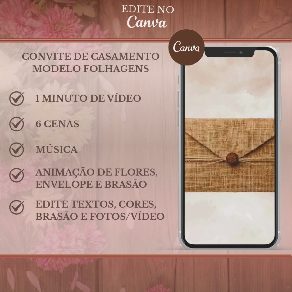 Convite Casamento Vídeo (PARA VOCÊ EDITAR) - EDITE NO CANVA: Modelo Rústico